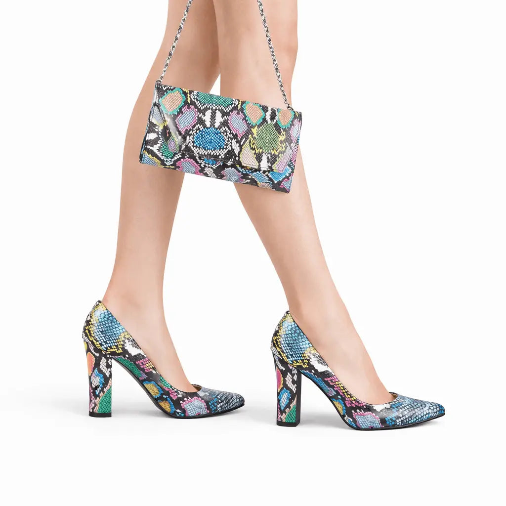 Mavi Baskı Kalın Topuklu Ayakkabı Çanta Takım RA-023 RUBRICA 