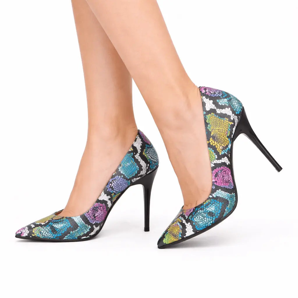 Mavi Baskı Stiletto Ayakkabı Çanta Takım RA-021