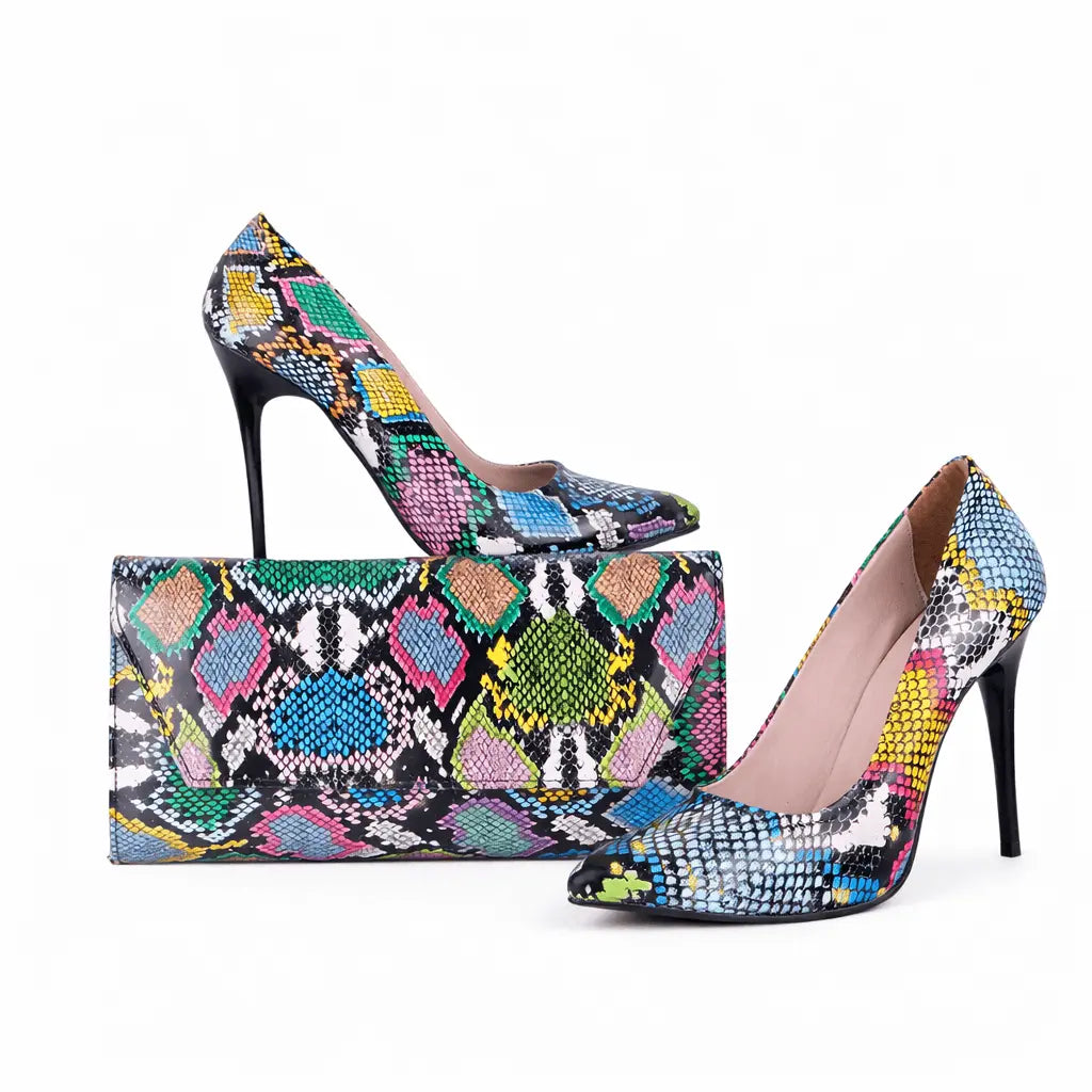 Mavi Baskı Stiletto Ayakkabı Çanta Takım RA-021