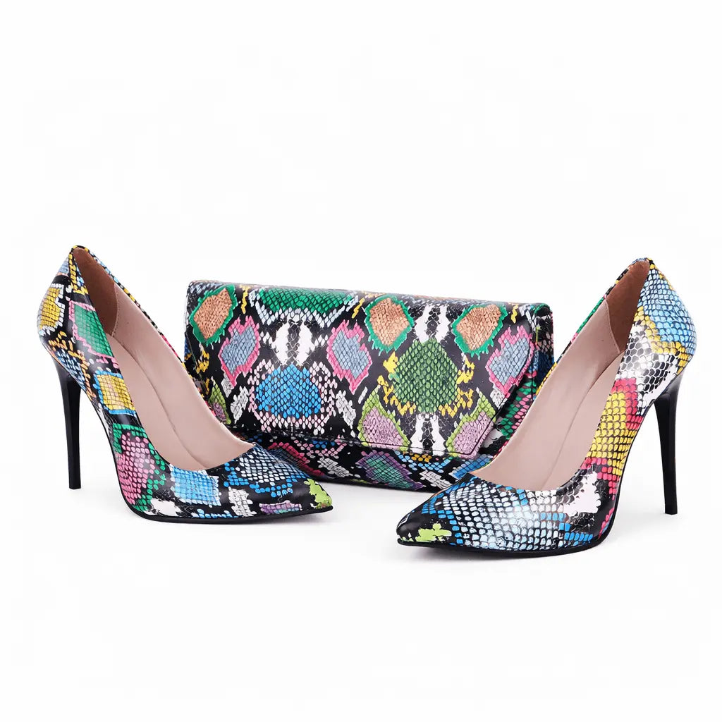 Mavi Baskı Stiletto Ayakkabı Çanta Takım RA-021