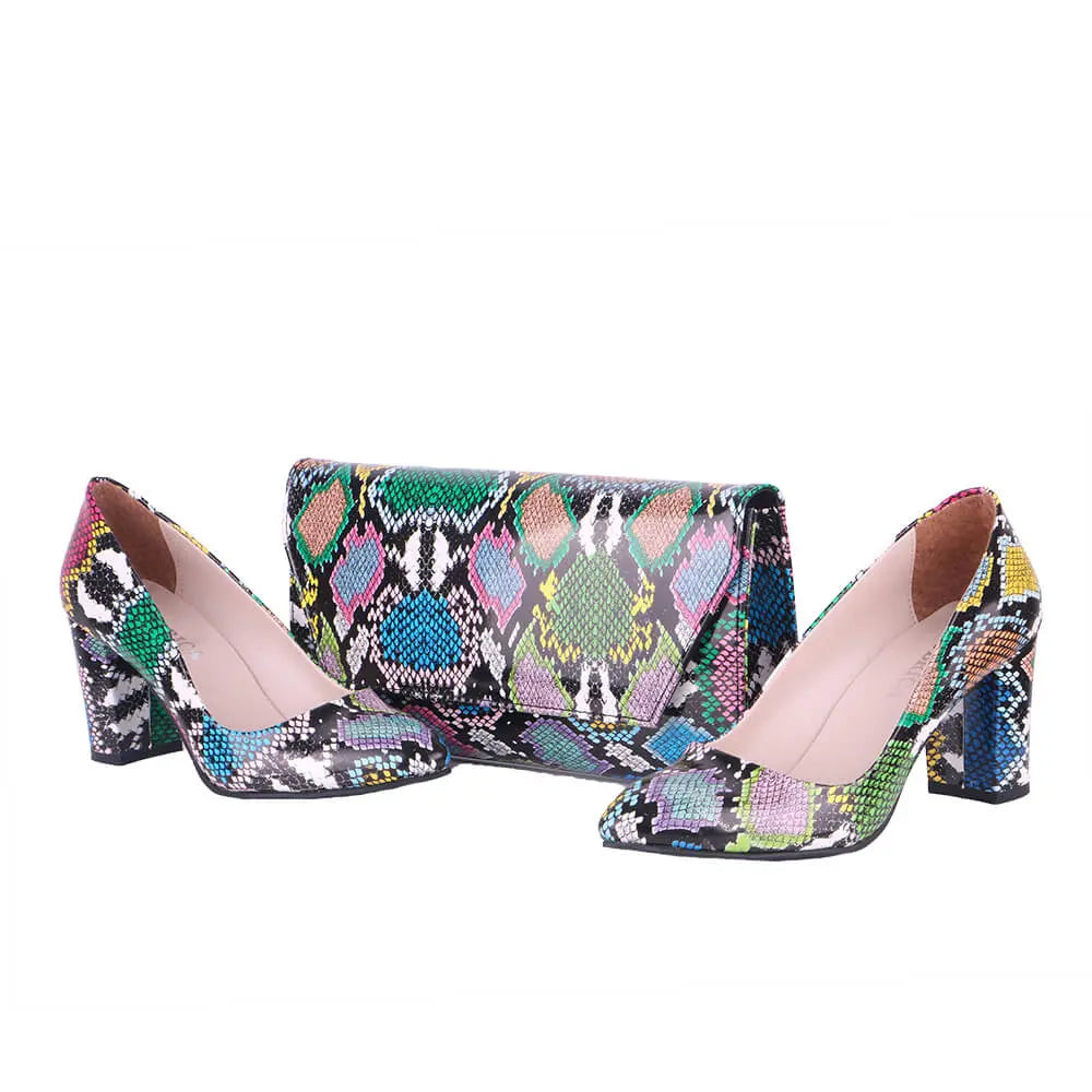 Mavi Baskı Topuklu Ayakkabı Çanta Takım RA-024 RUBRICA 