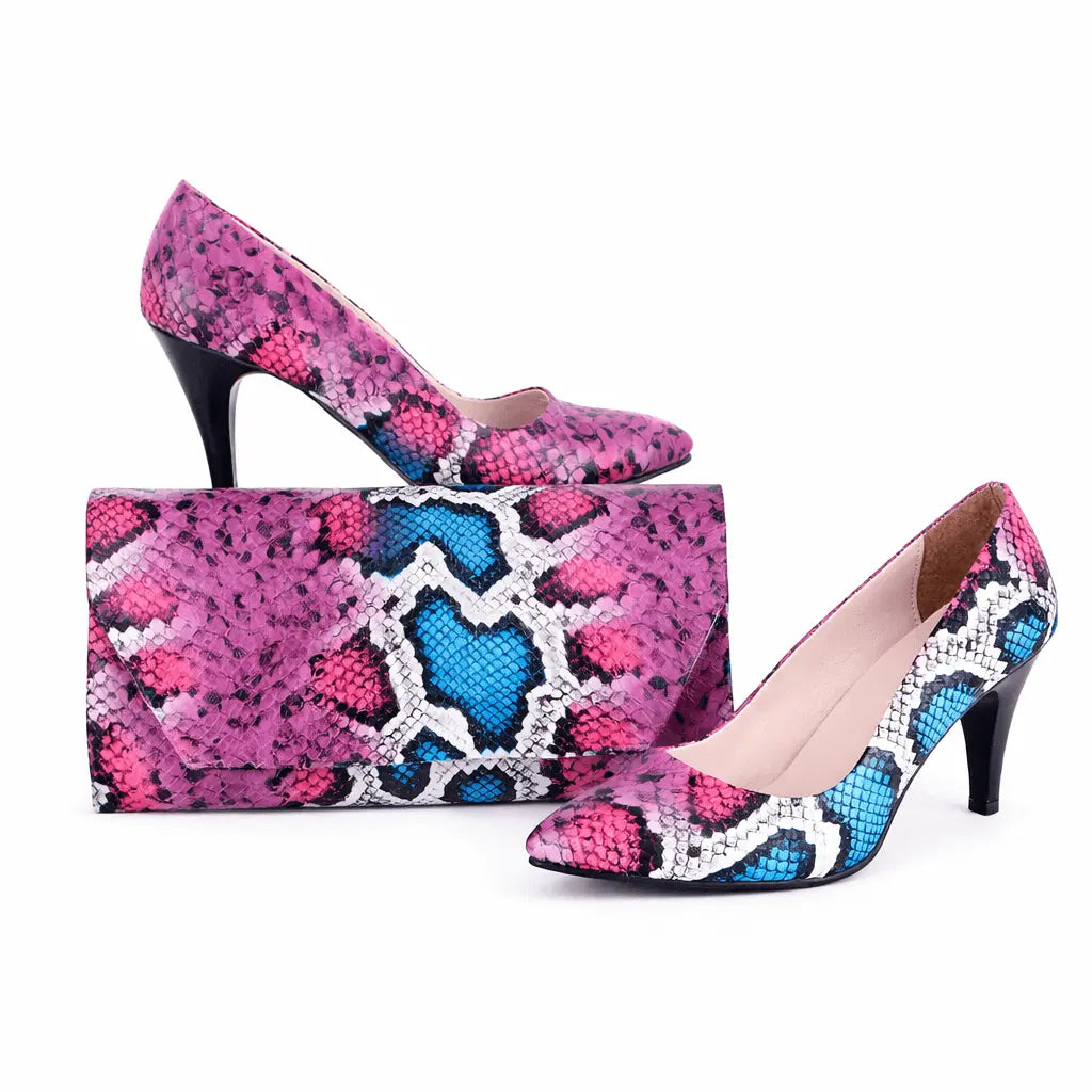 Pembe Baskı Alçak Topuklu Ayakkabı Çanta Takım RA-017