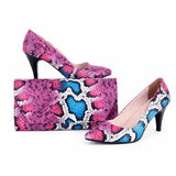 Pembe Baskı Alçak Topuklu Ayakkabı Çanta Takım RA-017