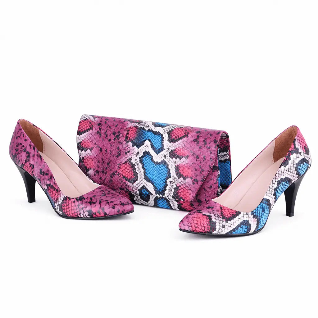 Pembe Baskı Alçak Topuklu Ayakkabı Çanta Takım RA-017