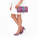 Pembe Baskı Alçak Topuklu Ayakkabı Çanta Takım RA-017