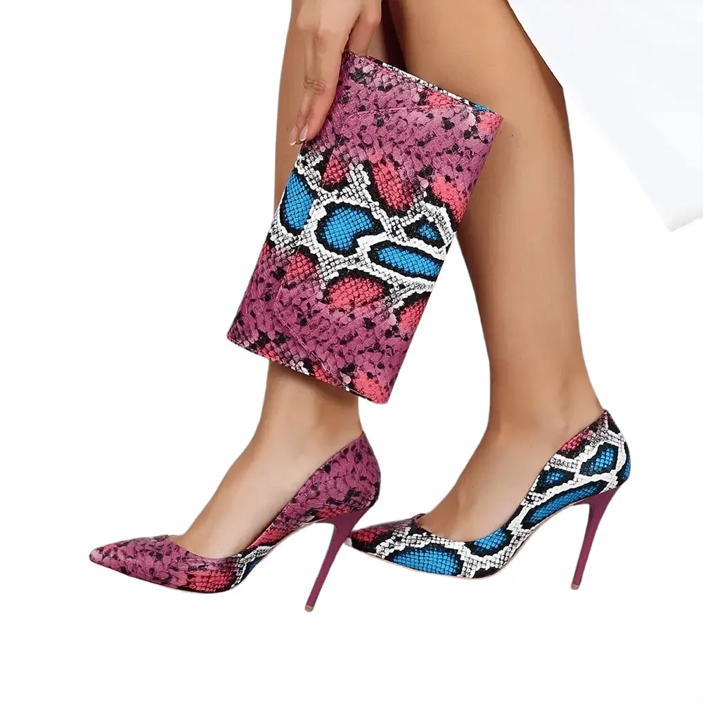 Pembe Baskı Stiletto Ayakkabı Çanta Takım RA-021