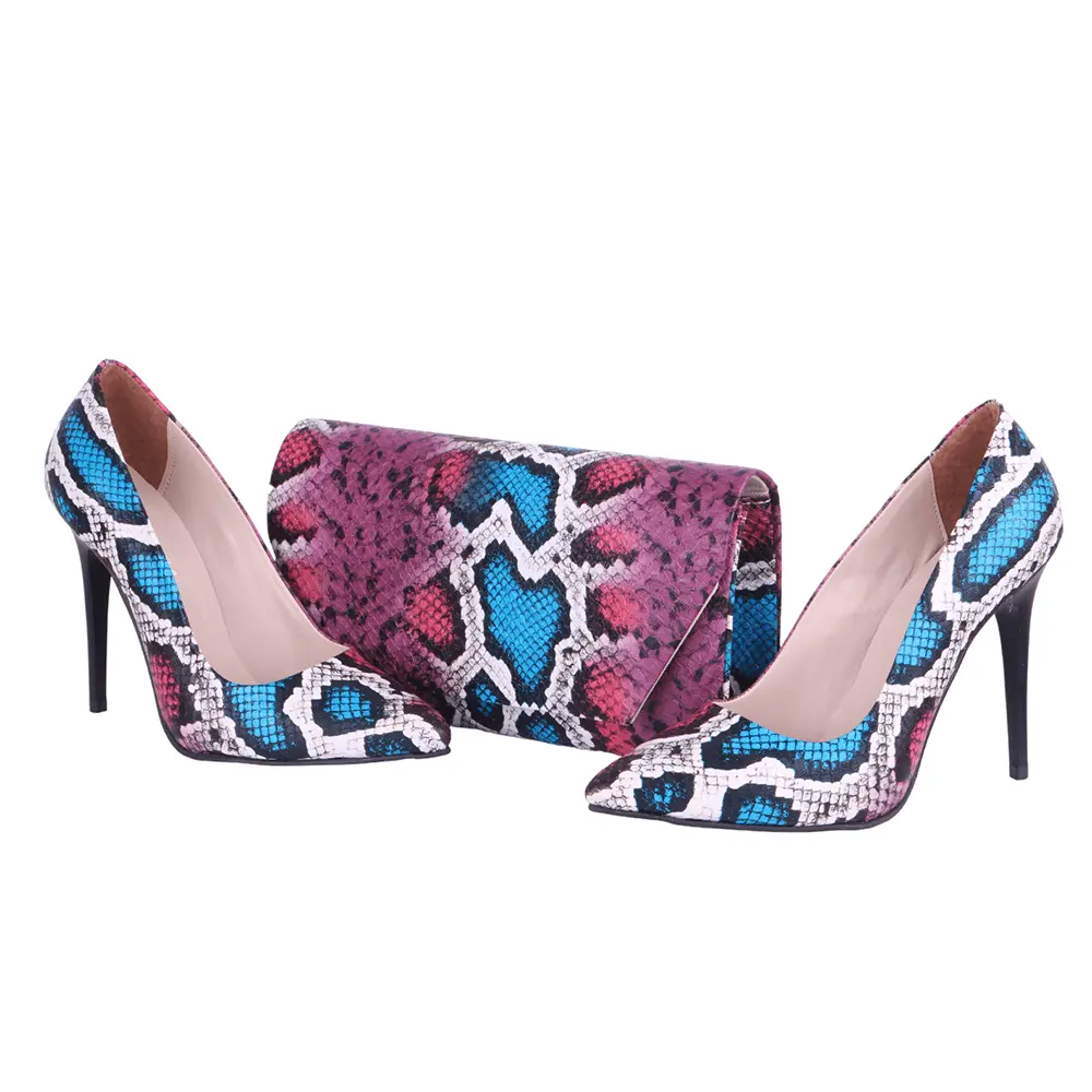 Pembe Baskı Stiletto Ayakkabı Çanta Takım RA-021