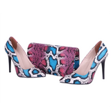 Pembe Baskı Stiletto Ayakkabı Çanta Takım RA-021