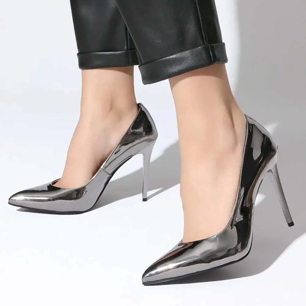 Platin Aynalı İnce Topuklu Stiletto Ayakkabı MA-021