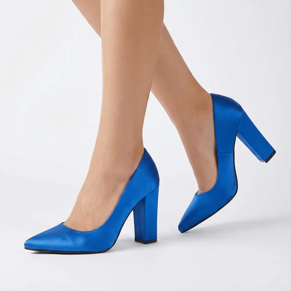 Saks Mavisi Saten Kadın Kalın Topuklu Ayakkabı MA-023