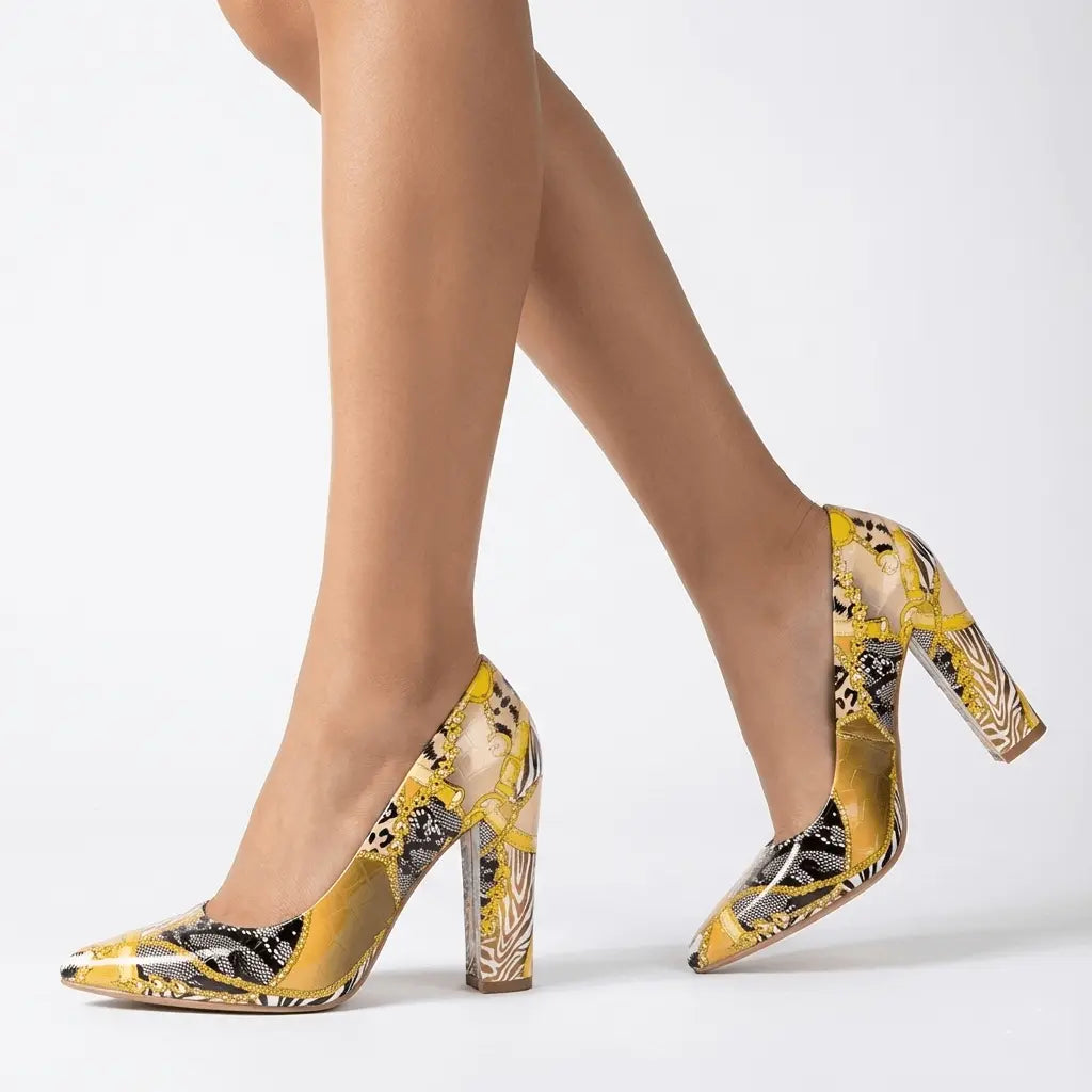 Sarı Baskı Kadın Kalın Topuklu Ayakkabı MA-023