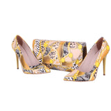 Sarı Baskı Stiletto Ayakkabı Çanta Takım RA-021
