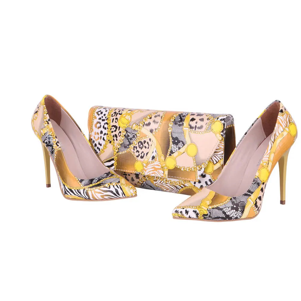 Sarı Baskı Stiletto Ayakkabı Çanta Takım RA-021
