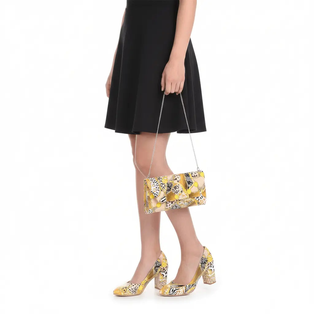 Sarı Baskı Topuklu Ayakkabı Çanta Takım RA-024 RUBRICA 