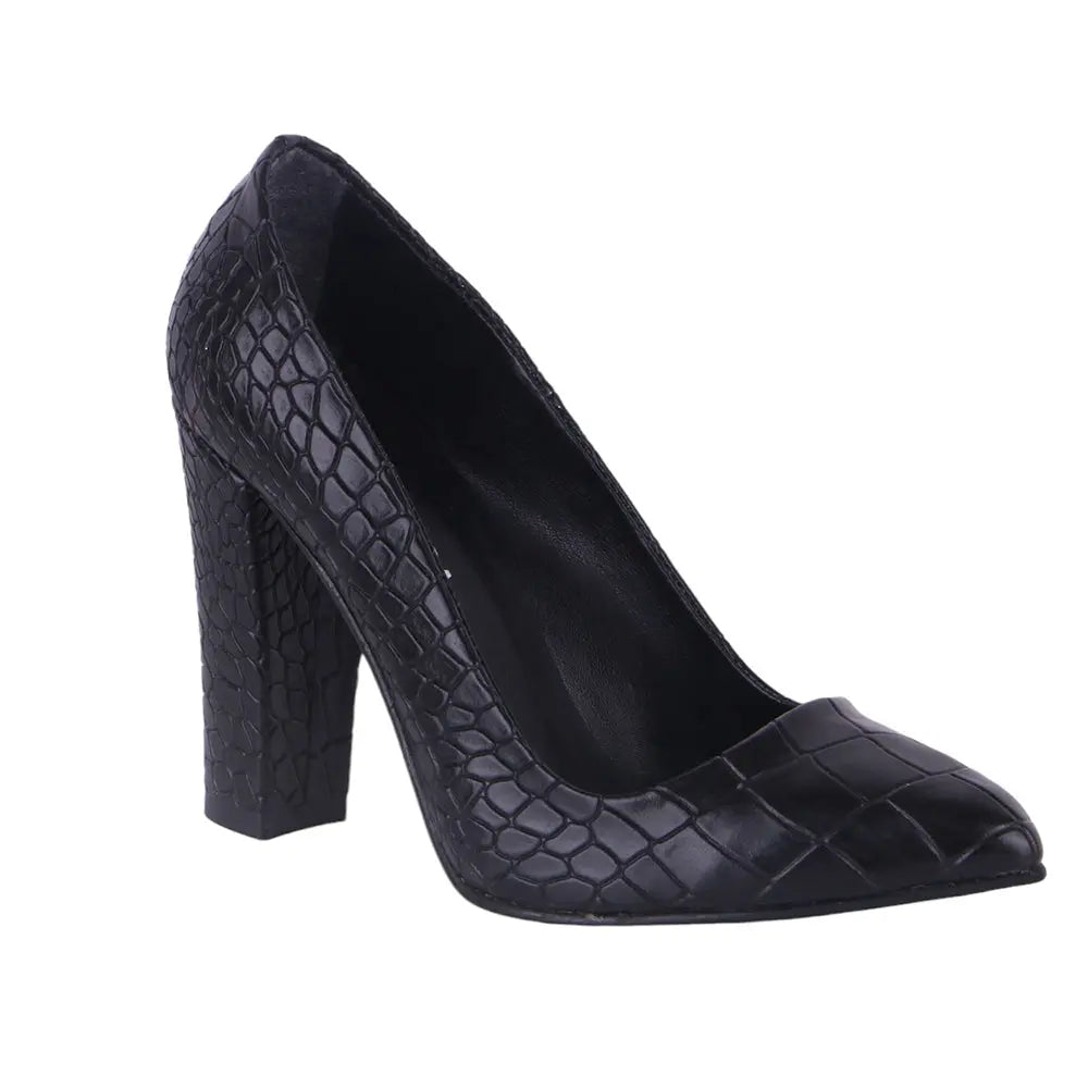 Siyah Krokodil Kadın Kalın Topuklu Ayakkabı MA-023