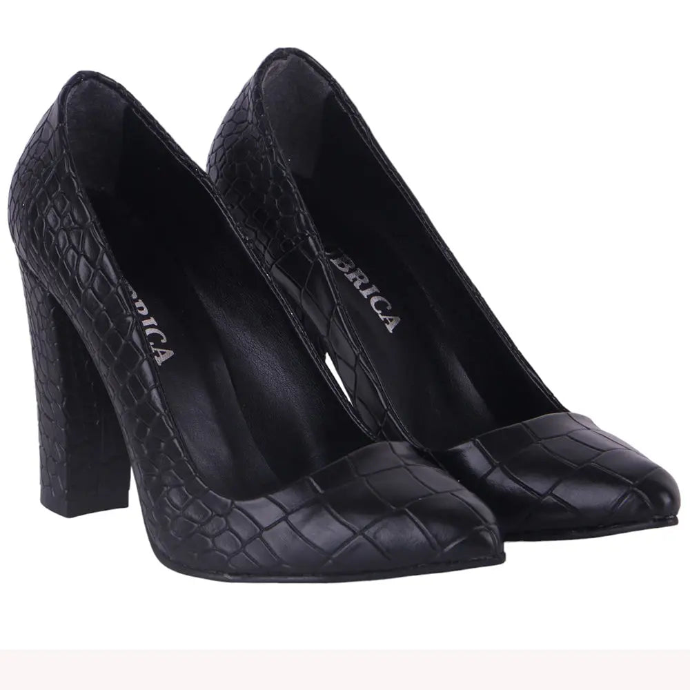 Siyah Krokodil Kadın Kalın Topuklu Ayakkabı MA-023