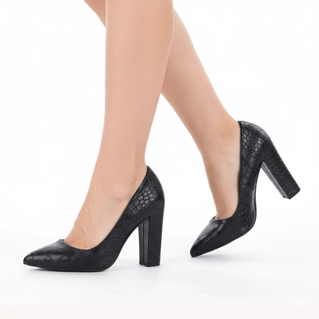 Siyah Krokodil Kadın Kalın Topuklu Ayakkabı MA-023