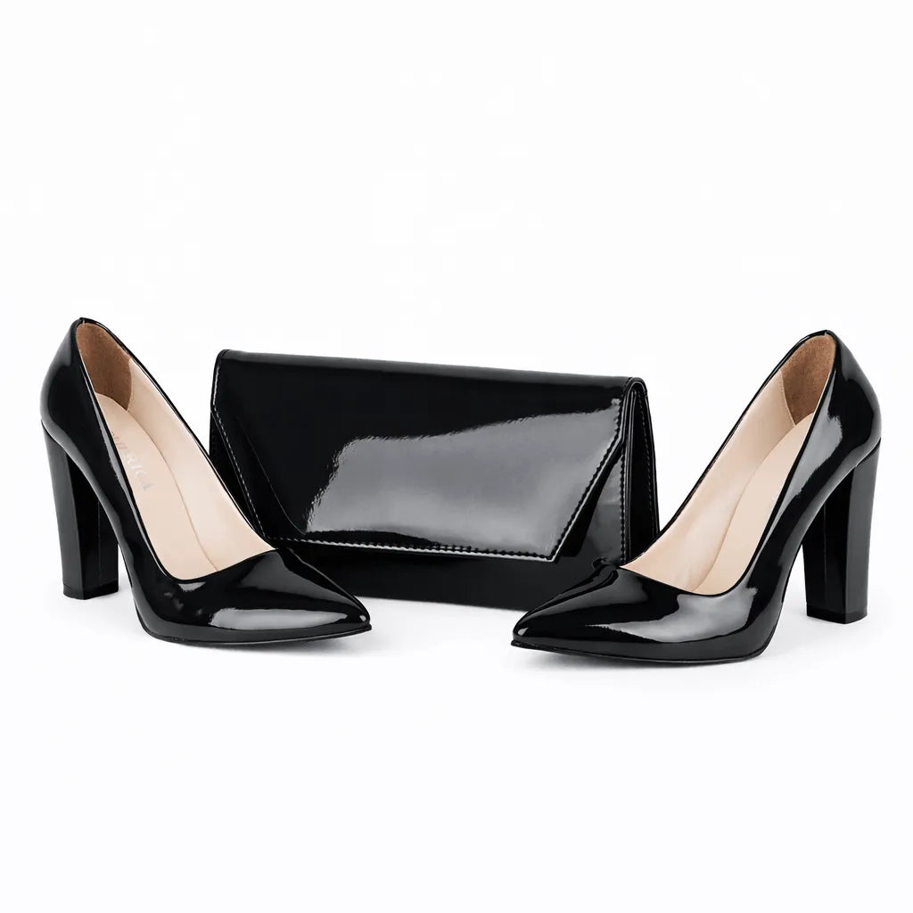 Siyah Rugan Topuklu Ayakkabı Çanta Set RA-023