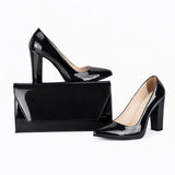 Siyah Rugan Topuklu Ayakkabı Çanta Set RA-023