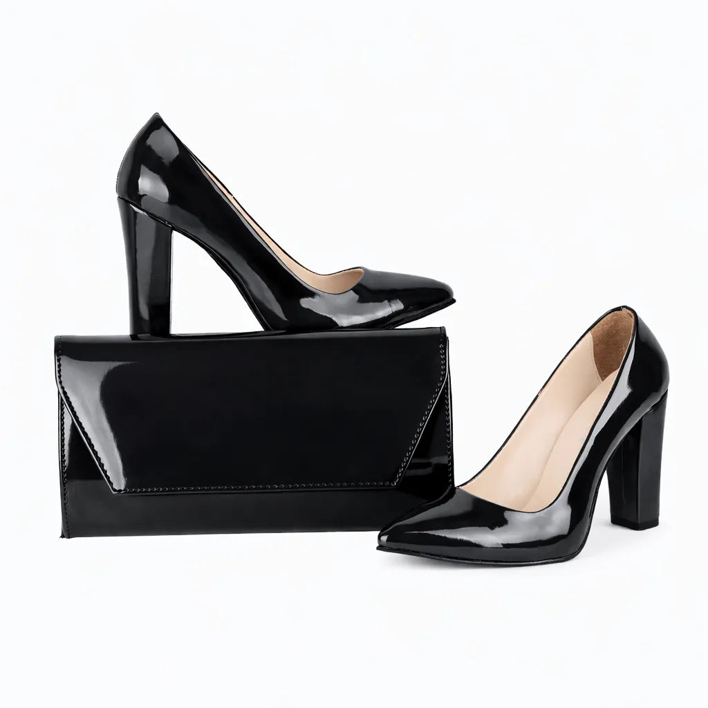 Siyah Rugan Topuklu Ayakkabı Çanta Set RA-023