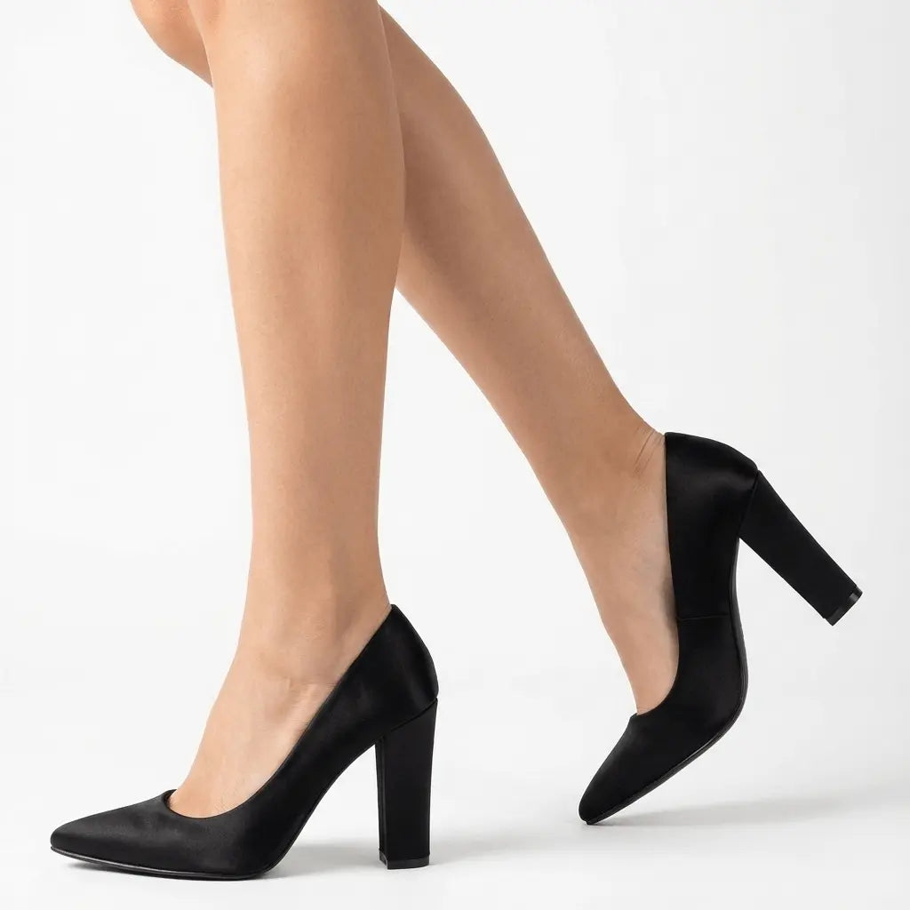 Siyah Saten Kadın Kalın Topuklu Ayakkabı MA-023