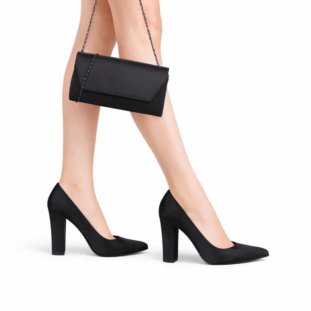 Siyah Saten Topuklu Ayakkabı Çanta Set RA-023 RUBRICA 