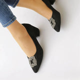 Siyah Süet Alçak Topuklu Taşlı Abiye Ayakkabı RA-1620