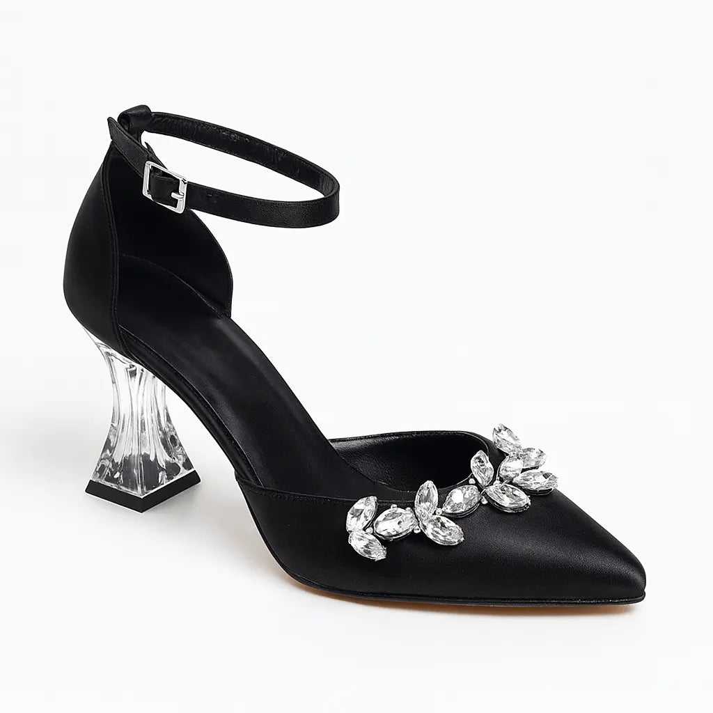 Siyah Taşlı Bilekten Bağlamalı Topuklu Ayakkabı RA-561