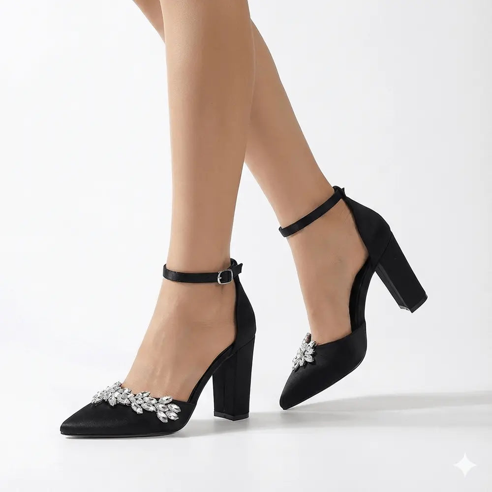 Siyah Taşlı Bilekten Bağlamalı Topuklu Ayakkabı RA-8001