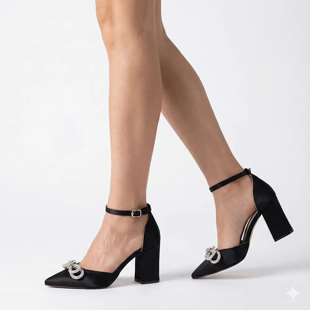 Siyah Taşlı Kalın Topuklu Ayakkabı RA-032