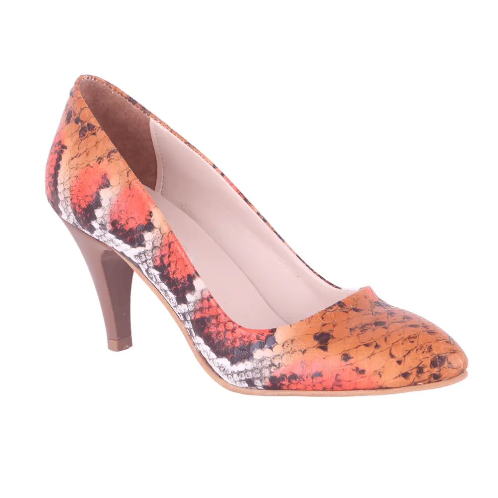 Turuncu Baskı Alçak Topuklu Ayakkabı Çanta Takım RA-017