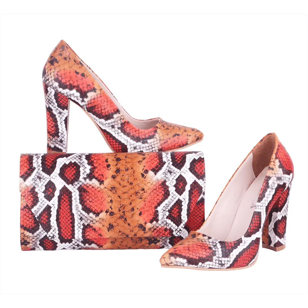 Turuncu Baskı Kalın Topuklu Ayakkabı Çanta Takım RA-023 RUBRICA 