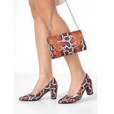 Turuncu Baskı Topuklu Ayakkabı Çanta Takım RA-024