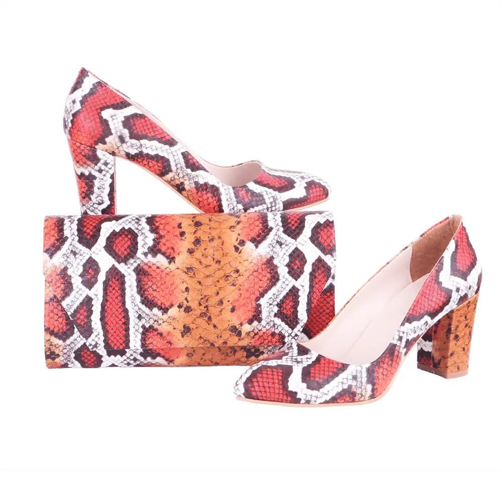 Turuncu Baskı Topuklu Ayakkabı Çanta Takım RA-024 RUBRICA 