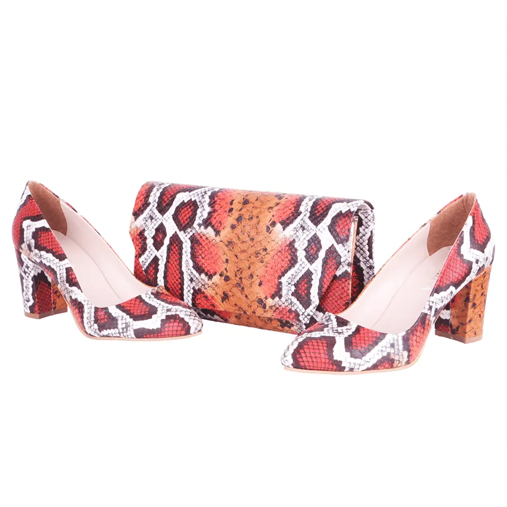 Turuncu Baskı Topuklu Ayakkabı Çanta Takım RA-024 RUBRICA 