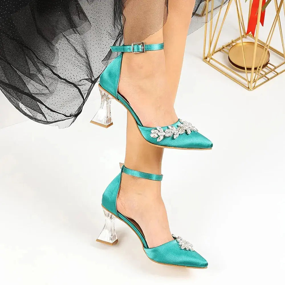 Yeşil Taşlı Bilekten Bağlamalı Topuklu Ayakkabı RA-561