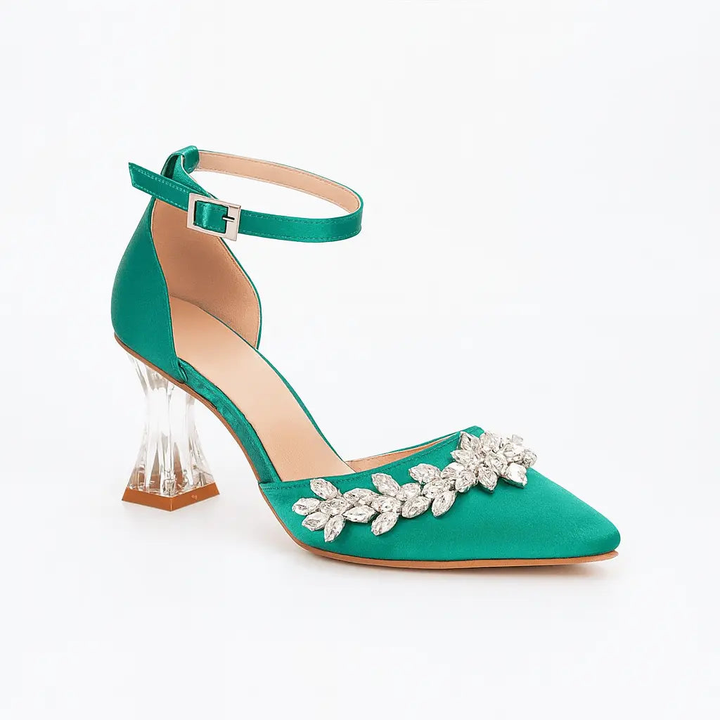Yeşil Taşlı Bilekten Bağlamalı Topuklu Ayakkabı RA-561