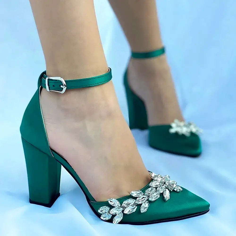 Yeşil Taşlı Bilekten Bağlamalı Topuklu Ayakkabı RA-8001